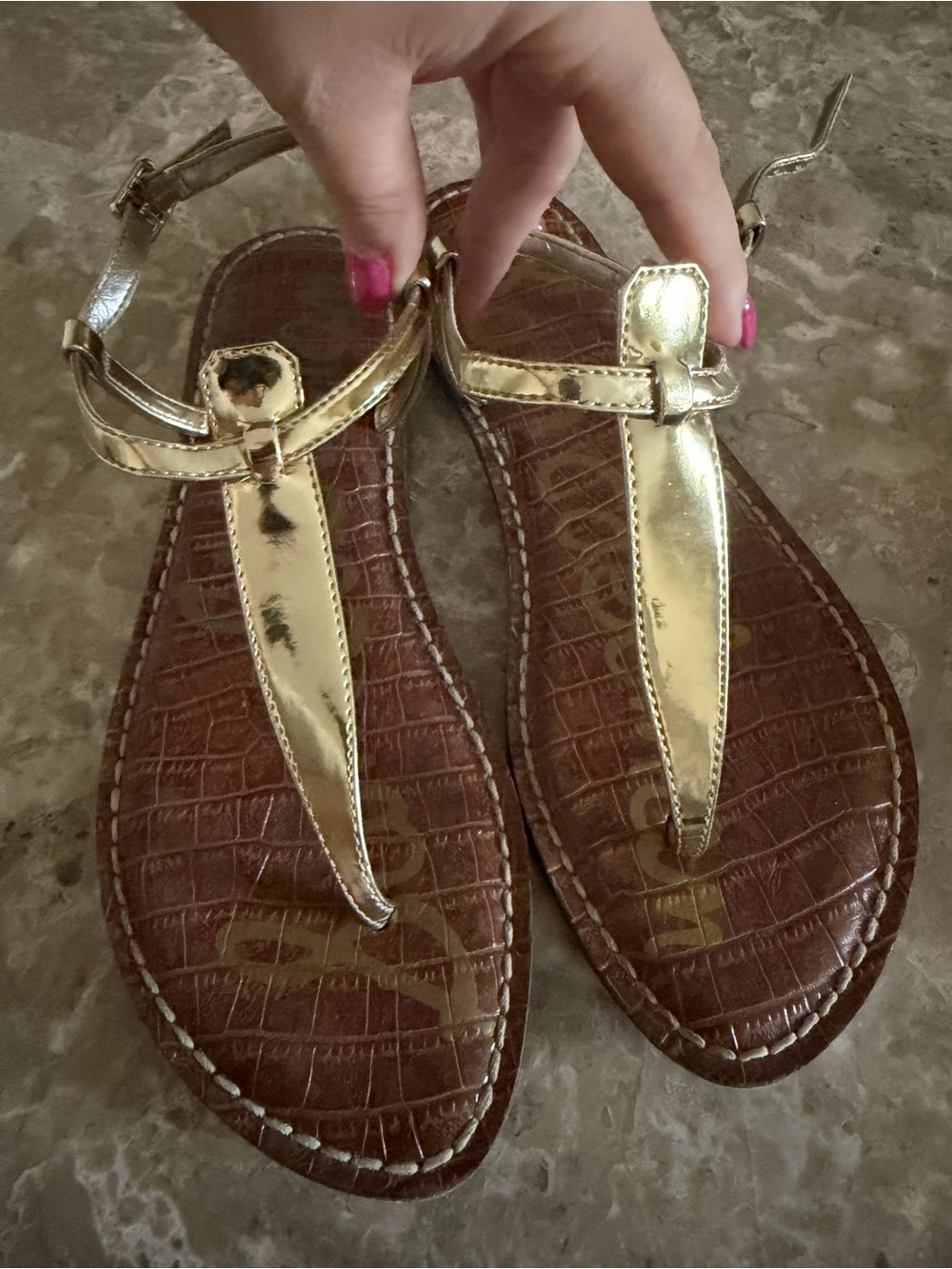 Sam Edelman Gold Leather T-Strap Sandals